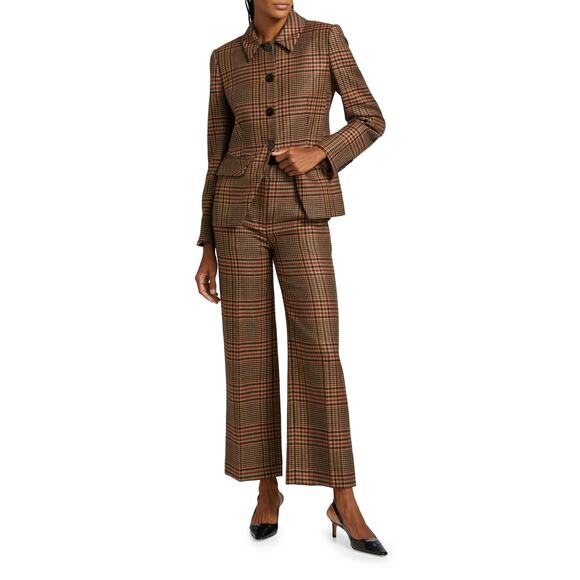 Veronica Beard Pants Brixton Wool Plaid Print Wide Leg Women's Size 10 Brown - Picture 1 of 11